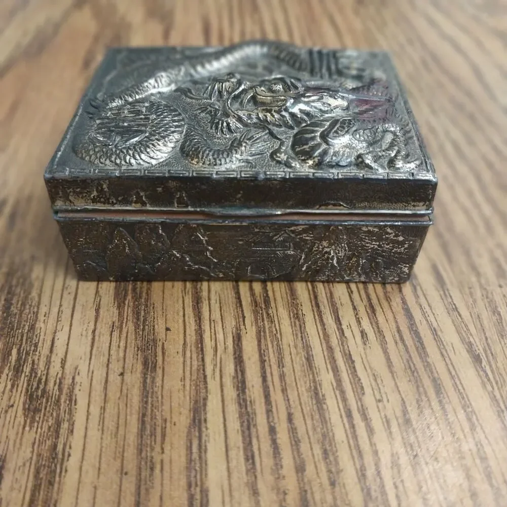 Vintage Ornate Silver Tone Trinket Box Wood Lined 3D Dragon Hinged Japan